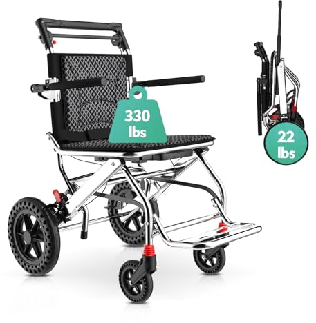 Fauteuils roulants pliants légers pour adultes – Chaise de voyage portable avec frein à main, roues verrouillables – Idéal pour les personnes âgées, les enfants