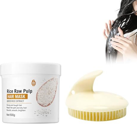 Hppsctink Masque Capillaire, 500g Masque capillaire au riz et brosse à shampoing, Réparation des Cheveux Abîmés, Anti-Sécheresse, Pointes Fourchues, Enchevêtrement et chute des Cheveux, hair mask