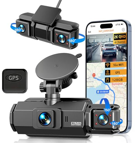 Dash Cam a 4 canali per auto, WiFi integrato APP GPS Protezione panoramica a 360 gradi, telecamera anteriore interna laterale e posteriore per auto, 4 telecamere HD 1080p x 4, registrazione simultanea