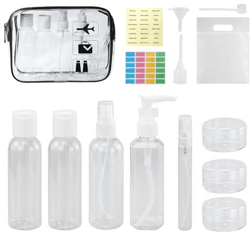 Transparenter Kulturbeutel mit 14 Stück Reiseflaschenset, Reisen Flaschen Set(100ml) und 1 Stück Plastikbeutel für Flüssigkeiten zugelassen, Flughafen-konforme Tasche, Reise Gadgets