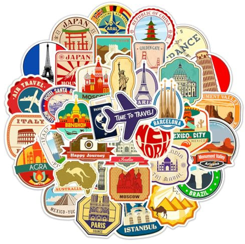 AFCJLTO 50 Stück Welt Reise Aufkleber, Globale Berühmte Land Stadt Symbole Sehenswürdigkeiten Stickers,Vintage Vinyl Stickers Wasserdicht Ästhetisch Aufkleberfür Laptop Handy Bücher Buch Book