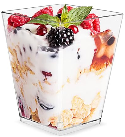 Plazotta 50 Stück 160 ml Dessertbecher mit 50 Probierlöffeln, Dessertschalen Wiederverwendbar, transparente quadratische Parfait-Vorspeisen-Schalen für Party, Hochzeit