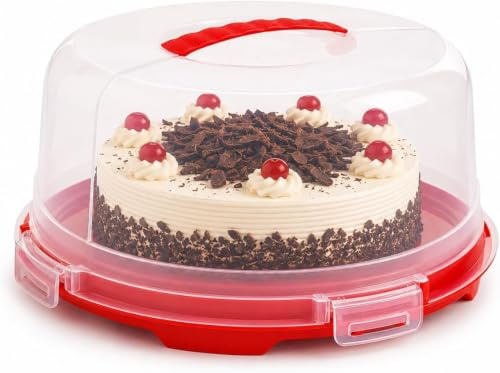 Buzztrove - Large Size | Cake Carrier with Handle | 15cm Tall Cake Storage Container with Airtight lid | Cake Storage Box with 4X Locking Lid for Cakes, Cupcakes, Pies & Pastries. (Red)
