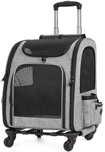 OUUTMEE Haustiertragetasche, abnehmbare Tragetasche mit Rädern, ideal für Katzen und kleine Hunde, Multifunktionaler Rucksack 4-Wege-Handtasche Atmungsaktiv (Grau)