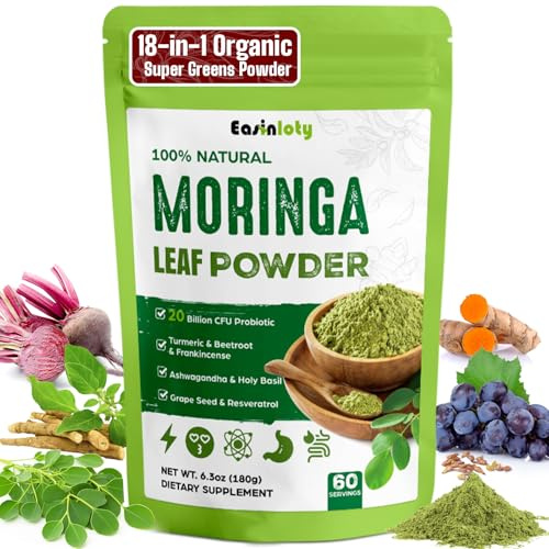 Moringa Powder Organic 2000mg with Ashwagandha, Turmeric & 20B CFU Probiotics, 18-in-1 Green Superfood for Energy, Relaxation & Gut Health – Moringa Leaf, Holy Basil, Beetroot, Spirulina - 60 Servings