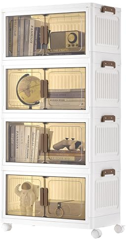 SONGMICS Storage Boxes with Lid, 4-Tier Stackable Organiser with 1 Lid, Plastic Storage Bins on Wheels, Magnetic Door, Home Organisation, White, 45 L per Tier, 180 L Total, RLB450WZ01