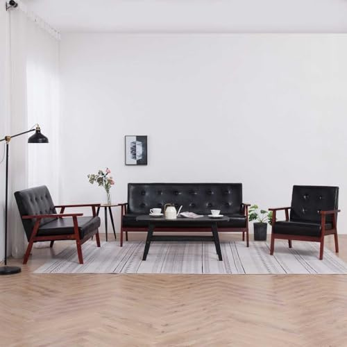 KTHLBRH 3-teiliges Sofaset aus schwarzem Kunstleder, Retro-Sofa, 2-Sitzer, langlebig und leicht zu reinigen, stabile Holzstruktur