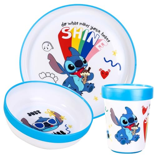 Stitch 3pcs Reusable Bicolor Kids Dinner Tableware Set | Premium Plastic Dinnerware Sets Includes Toddler Cups, Plates and Bowls, 100% Safe, BPA Free & Certified Food Safe (US/EU)