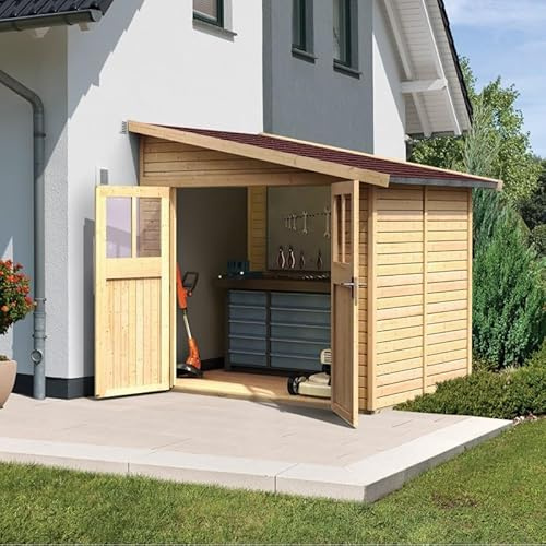 Karibu | Abri de Jardin Adossé Bomlitz 2 en Bois Massif 19mm, 4,18m² | Marron, Toiture 16mm, Double Porte Semi-Vitrée | Résistant Intempéries avec Embase Traitée