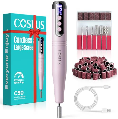COSLUS C50 Nagelfräser Kabellose Elektrische Nagelfeile mit LED-Display | 12-stufiger Nagelfräser für Gelnägel, Acryl-Gel-Dip-Pulver-Entfernung, Nageldesign-Übung, Heim-DIY & Reisenutzung,Rosa