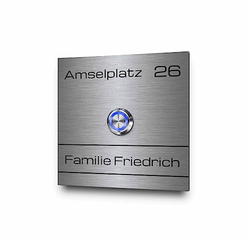 Moderne Edelstahl Türklingel mit Wunschgravur und Motiv - Klingel Modell Friedrich ab 8x8 cm | witterungsbeständiges Klingelschild für die Haustür