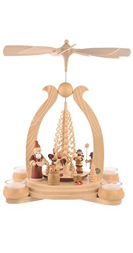 Müller German christmas pyramid arch Santa giving out X-mas presents, 1-tier, height 34 cm / 13 inch, natural with tealights, original Erzgebirge by Mueller Seiffen MU 10348