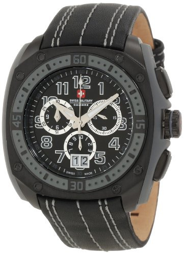 SWISS MILITARY Calibre Flames 06-4F1-13-007 - Reloj de cuarzo para hombre con esfera analógica negra y correa de piel negra, Negro/Negro, Correa