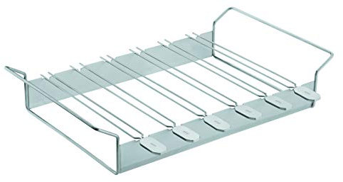 RÖSLE Halter mit Grillspießen, Aufsatz zur Zubereitung von Schaschlik und Gemüse auf Gas- und Kohlegrill, 6-teilig, Edelstahl 18/10, spülmaschinengeeignet, Silber