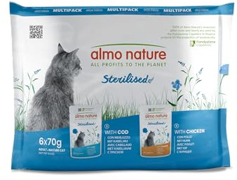 Almo Nature Functional - Sterilised - Wet Food for Adult and Mature, Sterilised or Less Active Cats - with Cod and Chicken - Low Fat Content, Hydrating - 70g (Pack of 6)