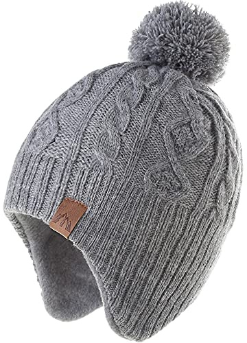 AHAHA Kids Hiver Earflap Bonnet Chapeau Pompon Chapeaux Tricotés pour Garçons et Filles, Gris clair, taille- 6-8 ans/qualifier -55cm