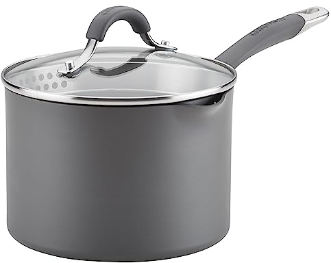Circulon Radiance Hard-Anodized Nonstick Saucepan, Durable Nonstick Cookware, Sauce Pan with Straining Lid, 3-Quart, Gray