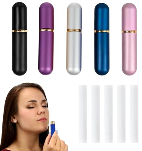 5 Stück Inhalierstifte aus Aluminium für Ätherische Öle, Nachfüllbarer Aromatherapie Naseninhalator Set, Tragbarer Riechstift für Unterwegs, Fokus und Entspannung, inkl. 5 Baumwolldochte, Mehrfarbig