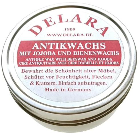 DELARA Antikwachs mit Jojoba und Bienenwachs, schützt ältere Möbel vor Austrocknung und Oxidation, Farbe: Braun - 150 ml - Made in Germany
