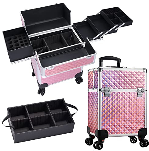 Professional Makeup Trolley Lockable Vanity Case Artist Make Up Box Beauty Trolley On Wheels Cosmetics Storage Organiser with Removable Middle Layer - Pink Diamond Surface