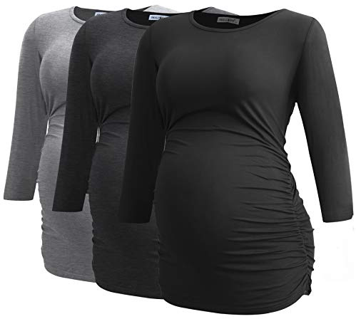 Smallshow Tops Maternidad para Mujeres con 3/4 de la Manga Fruncidos Ropa Embarazada Pack de 3,Black/Deep Grey/Light Grey,M