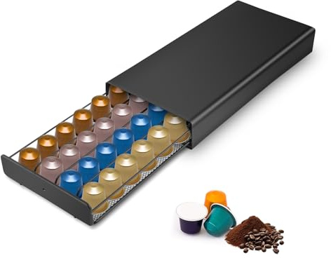 Coffee Capsule Storage Drawer, Metal Organiser Box for 40 Pods, Black, 37.5 x 17.5 x 5.3 cm | Pull Out Drawer for 40 Capsules Iron Capsule Dispenser for Nespresso Coffee Machine