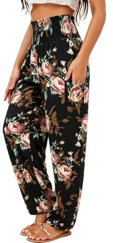 QIANXIZHAN Women's Harem Pants, High Waist Yoga Boho Trousers with Pockets Rose Black M