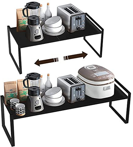 Isyunen Porta Piatti e Stoviglie Allungabile, Mensole Salvaspazio Cucina, Organizer Credenza per Cibo e Utensili in Metallo Nero