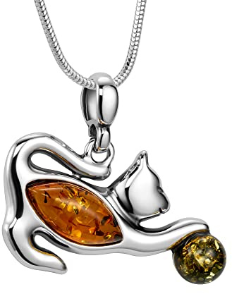 Collar Para Mujer Con Colgante De Gato En Ámbar Color Miel Y Plata