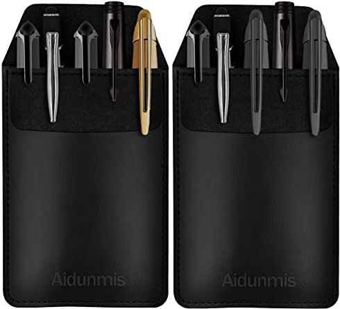 Aidunmis Pen Pocket Protector, 2 Pieces PU Leather Pocket Pen Holder Organizer Pouch for Shirts Lab Coats Pants Pen Sleeve - Multi-Purpose Pen Pocket Holds Pens Pointers Pencils and Notes Card - Black