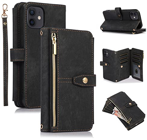 UEEBAI Hülle für iPhone 12 Mini, Leder Klapphülle, Retro Schwarz | 9 Kartenfäche Lederhülle mit Umhängegurt Handschlaufe Ständer Reißverschluss Handyhülle Magnetverschluss Wallet Flip Case