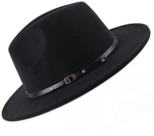VASANA Fashion Classic Unisex Verstellbarer Fedora Hut Breite Krempe Flache Kirche Derby Cap mit Gürtelschnalle Jazz Hut Filz Panama Hut für Männer und Frauen (Schwarz)