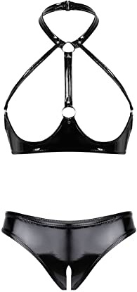 dPois Babydoll Donna Sexy Hot per Sesso Aperto per Sesso Completi Intimi Set Lingerie Curvy Camicie da Notte in Pelle Verniciata Lucida Push Up Reggiseno e Perizoma Nero B M