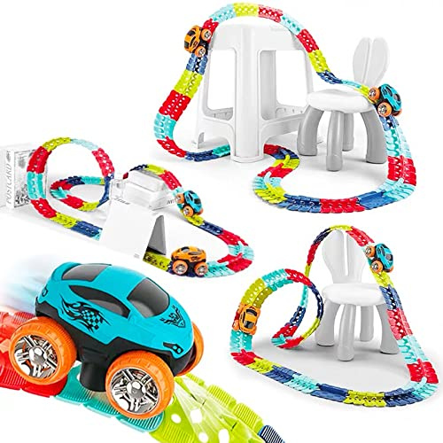 Rennstrecken-Spielzeug, leuchtet im Dunkeln, magische Rennwagen-Strecke mit LED-Beleuchtung, 92-teiliges Spielzeugauto-Set, Geburtstagsgeschenke für 3 4 5 6 Jahre + Kleinkinder Jungen Mädchen