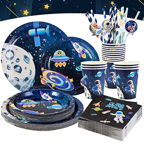 SUNBEAUTY 80 Stück Weltraum Partygeschirr SET – Extra Stabile Pappteller & Becher für Kindergeburtstag Deko – Galaktisches Weltraum-Thema mit Raketen, Planeten & Astronauten für Geburtstagspartys