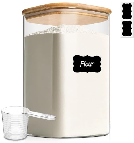 ComSaf 4.4L Flour Storage Containers, Large Glass Jars with Lids, Square | Storage Jars with Bamboo Lids, Kitchen Pantry Storage Containers for Cereal, Flour, Rice, Pasta,Grains, Cookies, Coffee Beans