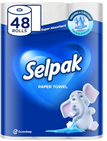 Selpak 100% reine Zellulose Küchenrolle 3-lagig, 3840 Blatt Feuchtigkeitsbeständige Papiertücher, Haushaltstücher-Küchenpapier, Dermatologisch Getestet, Handtuchrollen 48 Rollen (4x12 Rollen)