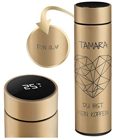 Maverton Kaffee Thermobecher 450 ml mit Gravur - Kaffeebecher mit LED-Touch-Anzeige - auslaufsicher 100% dicht - Weihnachtsgeschenke - Reisebecher aus Edelstahl für Frauen - Farbe: gold - Koffein