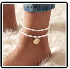 Dishowme Fußkettchen mit Perlen, Muscheln, Vintage-Stil, Kunstperlen, Hawaii, Puka, Muschel, Sommer, Strand, Schmuck für Damen und Mädchen, 2 Stück