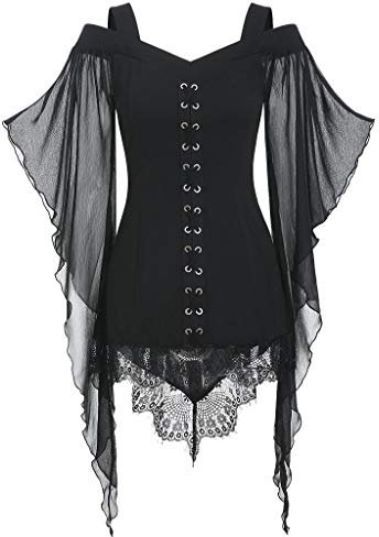 Gothic Oberteile Damen Fledermaus, Punk Kleidung Damen Mittelalter Bluse,Halloween Kostüm Damen Criss Vampir Hexe Tops Viktorian Korsett Schulterfreies Blusentops für Frauen Karneval Cosplay Party
