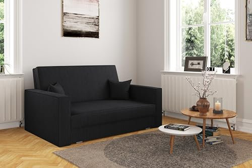Kaiser Möbel - Sofa mit Schlaffunktion und Bettkasten, Sofa 2-sitzer, Schlafsofa mit Bettzeugbehälter, Klappsofa, Bettsofa, Bequemes Couch für Wohnzimmer und Schlafzimmer, Cordstoff, America, Schwarz