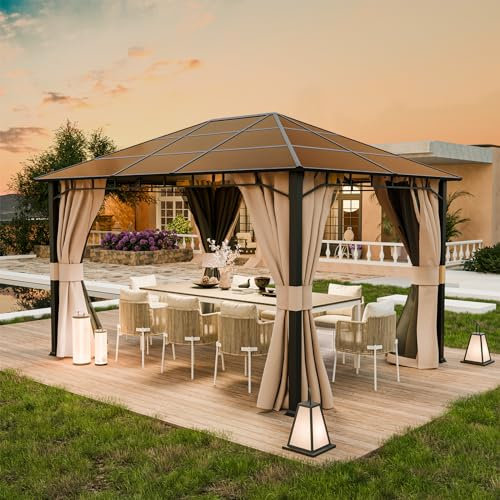 UDPATIO Tonnelle de Jardin 3x4m Imperméable - Toit UV Résistant avec Rideaux, Tonnelle Stabilisée pour Jardin, Terrasse (Champagne)