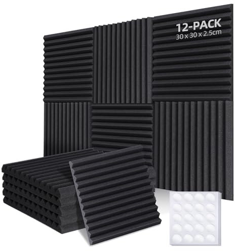 Ohuhu Akustikschaumstoff Akustikpaneele 12 Stück mit Aufkleber, 30 x 30 x 2,5 cm, Schalldämmung Wand Schallabsorber Akustikschaumplatten Schallschutz für Tonstudio Podcasts Gaming Deko, Schwarz