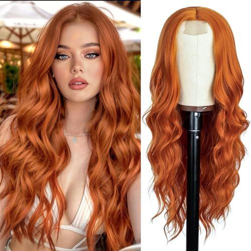 PORSMEER Lange Wellig Perücke, 66cm Mittelscheitel Lockige Perücke Natürliche Hitzebeständig Synthetische Perücke für Frauen Tägliche Party,Kupfer Orange