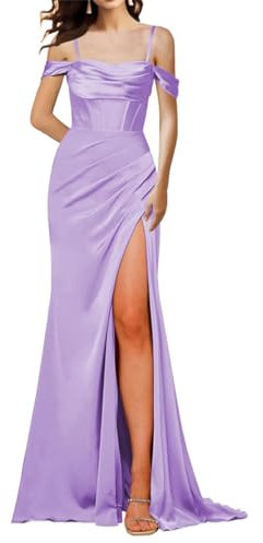 WSEYU Vestido largo de satén para dama de honor para boda, tirantes delgados, corsé con abertura, vestido de noche formal de sirena, Lila, 36