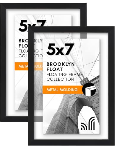 Americanflat Aluminum 5x7 Floating Picture Frame with Shatter-Resistant Glass - Set of 2 - Use as 4x6 Picture Frame or Display 5x7 Photo - Signature Float Collection - Photo Frames for Wall - Black