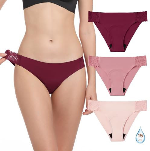 OEIOEI Perioden Unterschwäsche Leichte Blutung Menstruation Slip Spitze Periode Unterhose 3er Pack (M, Hellrosa/Bohnenpaste/Weinrot)