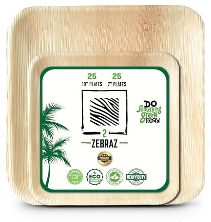 2 ZEBRAZ Palm Leaf Plates 50 Pack, 25 Dinner 10 Inch and 25 Dessert 7 Inch, Heavy-Duty Natural Square Plates for Weddings, Parties, BBQs and Catering