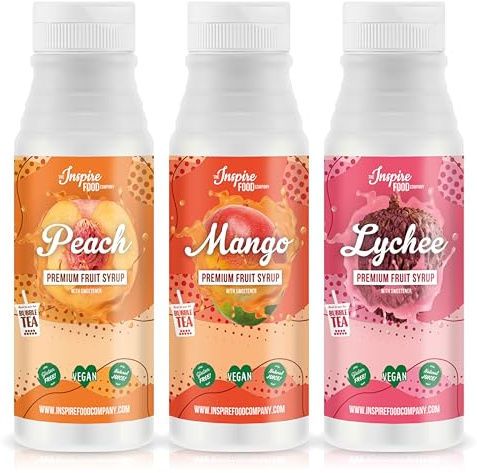 INSPIRE FOOD Bubble Tea Syrup Variety Set - 3 x 300ml | Peach, Mango, Lychee | Real Fruit Juice for Bubble Tea | 100% Vegetarian, Gluten Free