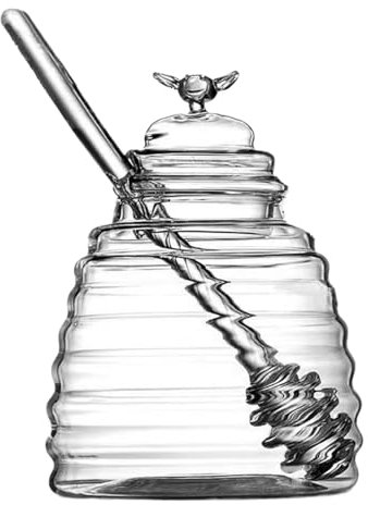 Vaso per miele con mestolo, Contenitori per vasi per miele con dispenser in vetro, Set di coperchi e mestolo, Vaso per miele alveare per conservare miele e sciroppo, Contenitore per miele e alveare